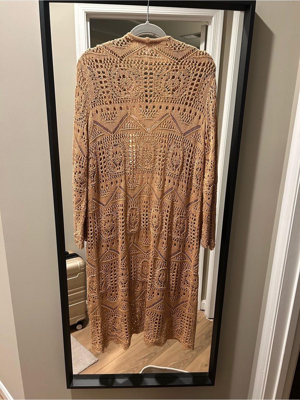 Chelsea & Theodore Tan Open-Front Crochet Cardigan XL Boho Scalloped Hem - Picture 4 of 5